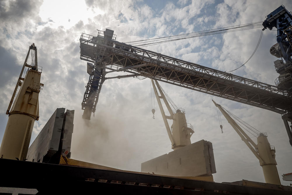Moscow last month quit the year-old Black Sea grain deal that had allowed Ukraine to safely export agricultural products. Above, a UN-chartered vessel loads grain to export to Ethiopia, in Yuzhne, east of Odessa on the Black Sea coast. (AFP file photo)