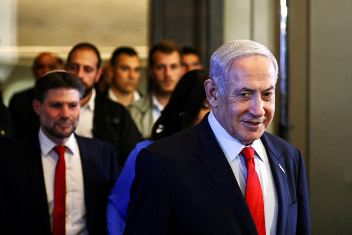 Israeli Prime Minister Benjamin Netanyahu and Finance Minister Bezalel Smotrich arrive at a press conference in Jerusalem. (File/Reuters)