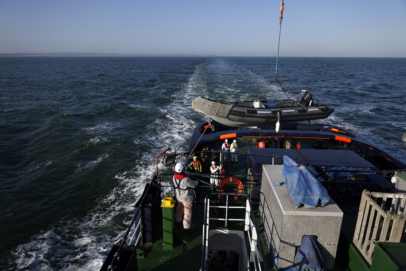 A rescue boat is prepared to help migrants following a problem with their boat’s engine in French waters while trying to illegally cross the English Channel from France to Britain. (File/AFP)