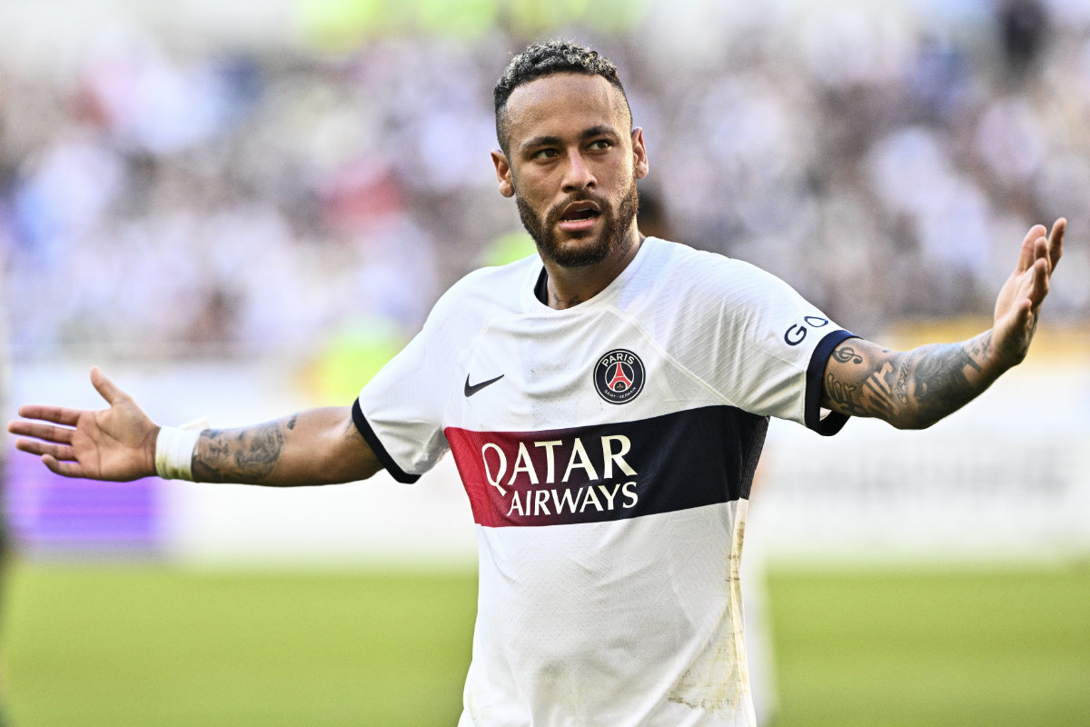 Paris Saint-Germain’s Neymar after scoring a goal against Jeonbuk Hyundai Motors during their friendly at the Asiad Main Stadium in Busan on Aug. 3, 2023. An AP source said Neymar wants out of PSG and talks are moving toward the 31-year-old leaving the club this month. (AFP)