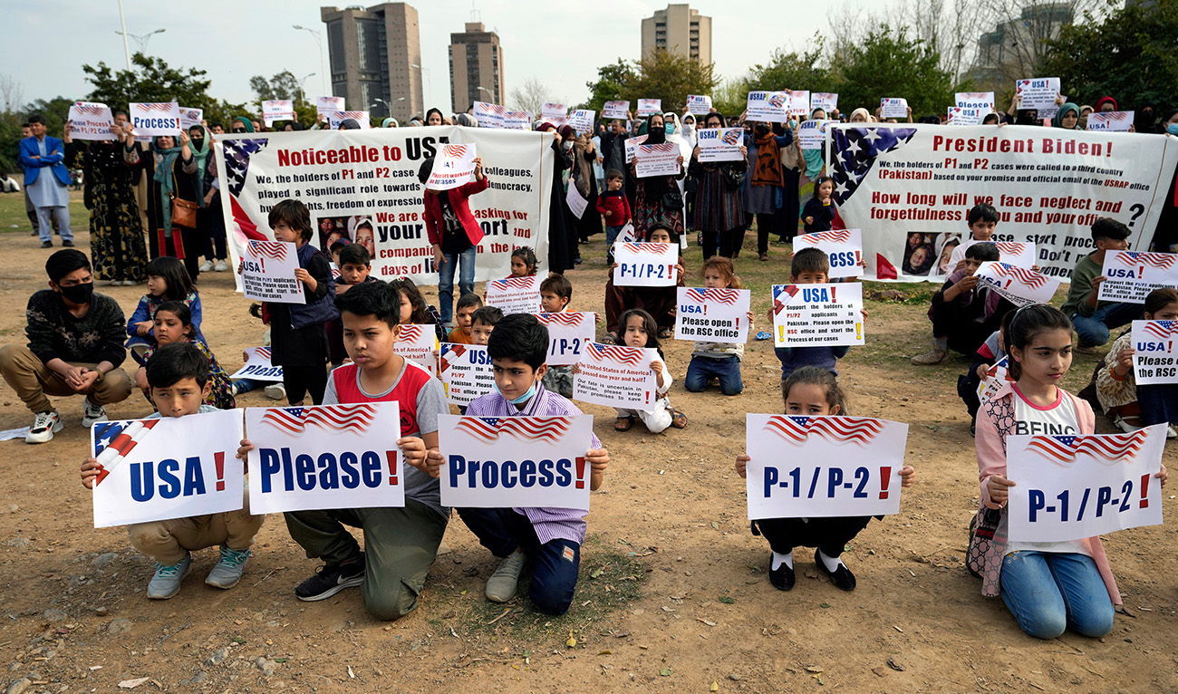 Afghan refugees hold a rally to demand their U.S. visas to be processed in Islamabad, Pakistan, Sunday, Feb. 26, 2023. (AP)