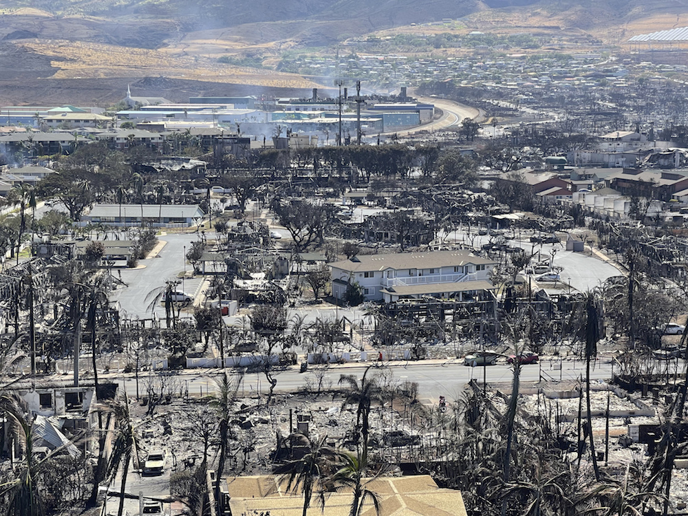 This photo provided by the Hawaii Department of Land and Natural Resources shows burnt areas in Lahaina on the Maui island, Hawaii, Friday, Aug. 11, 2023, following a wildfire. (Hawaii Department of Land and Natural Resources via AP)