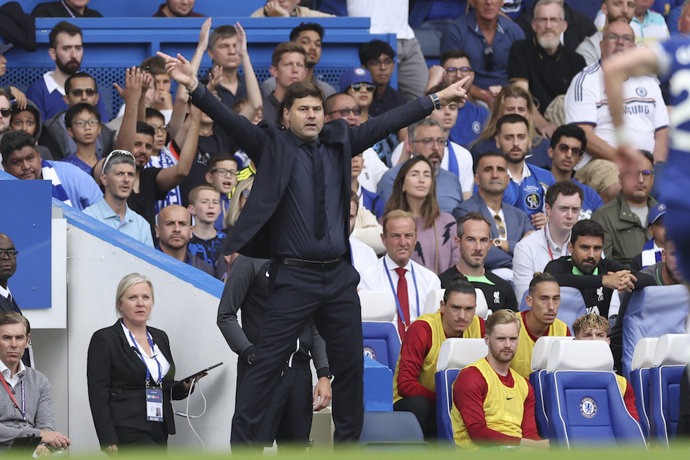 Chelsea manager Mauricio Pochettino reacts during the English Premier League soccer match between Chelsea and Liverpool at Stamford Bridge Stadium in London, Sunday, Aug. 13, 2023. (AP)