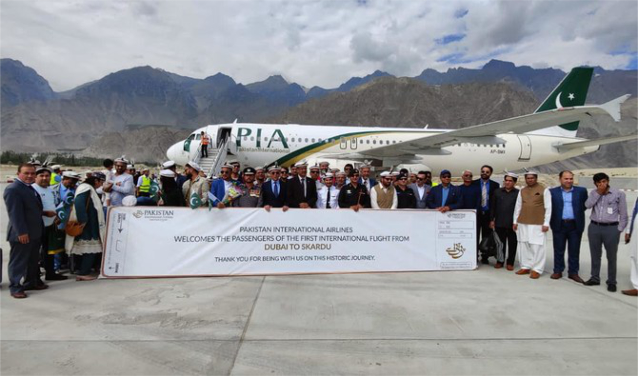 Pakistan International Airlines welcomes passengers as the first direct international flight from Dubai to Skardu lands in Skardu, Pakistan in Aug. 14, 2023. (Pakistan International Airlines)