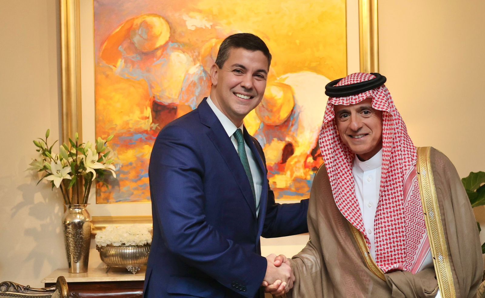 Saudi Minister of State for Foreign Affairs and Climate Envoy Adel Al-Jubeir meets with the President-elect of Paraguay Santiago Pena in Asuncion. (SPA)