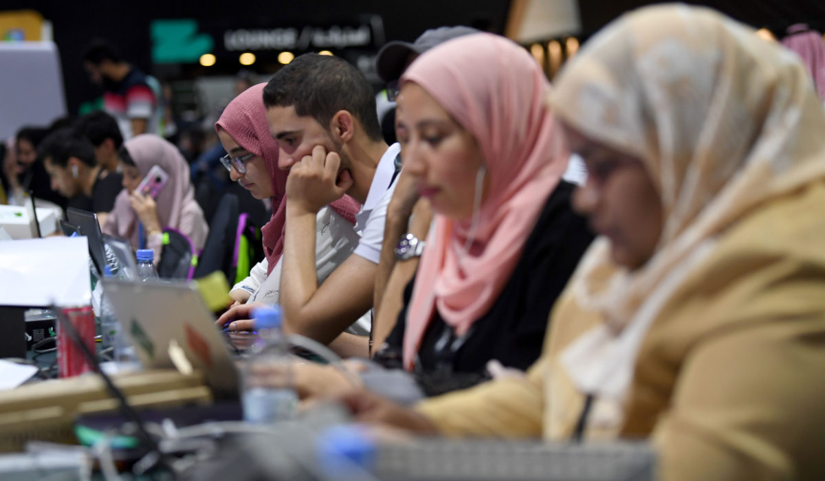 Participants including Saudi women attend a hackathon in Jeddah on August 1, 2018, prior to the start of the annual Hajj pilgrimage in Makkah. (AFP)
