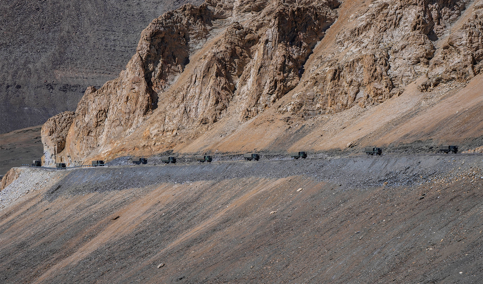 Indian army vehicles move in a convoy in the cold desert region of Ladakh, on September 18, 2022. (Photo courtesy: AP/File)