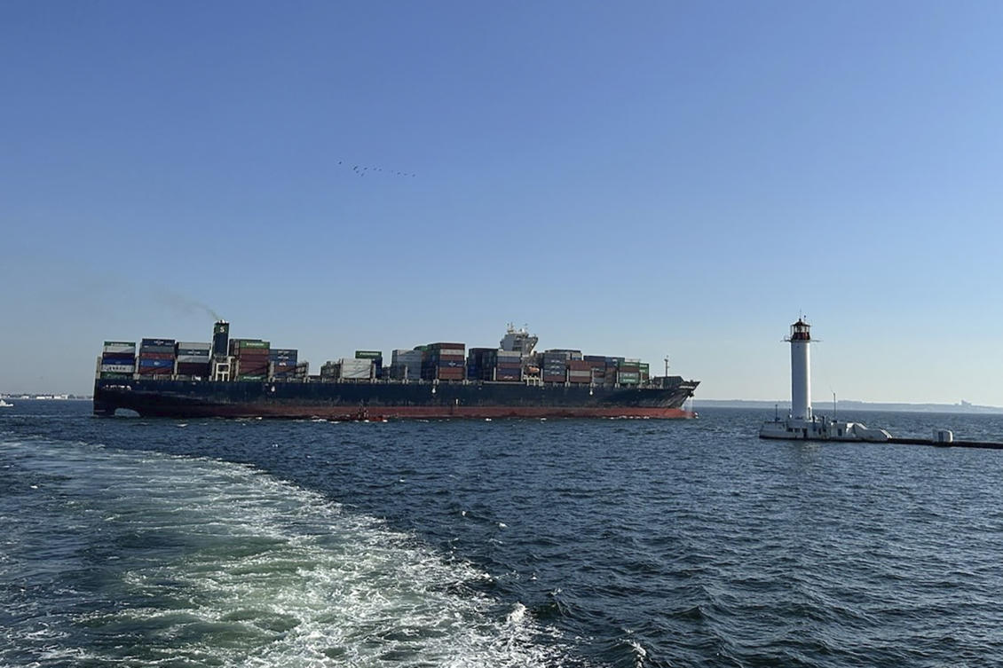 Above, the container ship Joseph Schulte leaves the port of Odesa carrying over 30,000 tons of cargo, including food products. (Ukraine’s Infrastructure Ministry Press Office via AP)