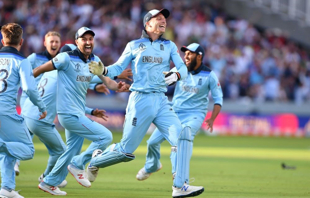 Jos Buttler leads the charge as England celebrate winning the 2019 Cricket World Cup. (AFP)