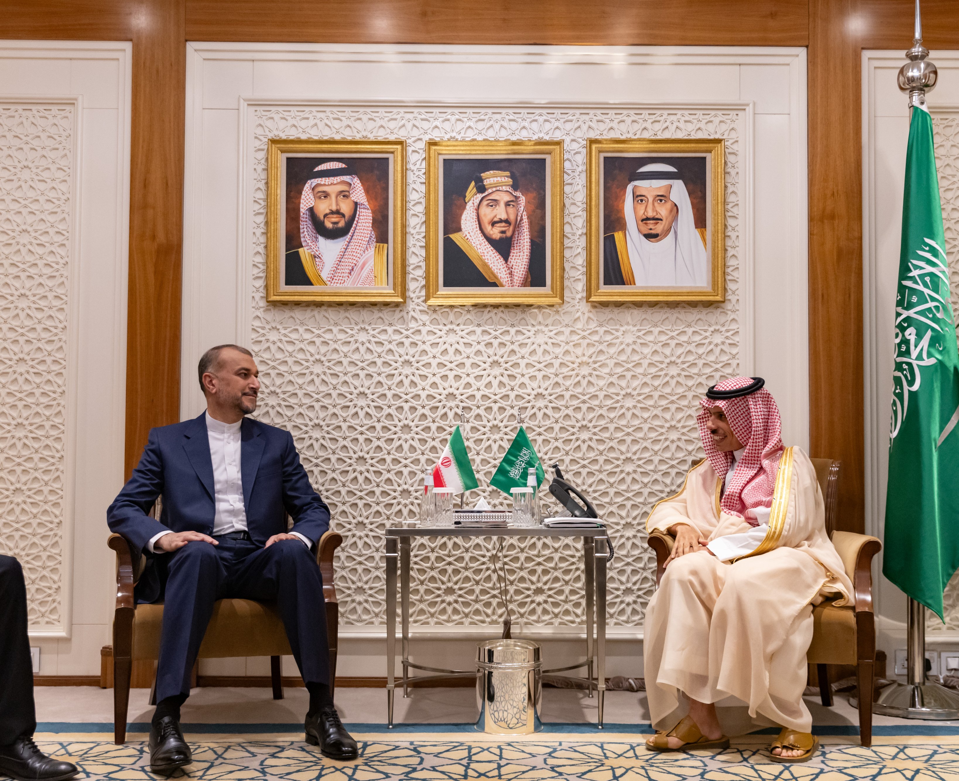 Saudi Foreign Minister Prince Faisal bin Farhan receives his Iranian counterpart Hossein Amir-Abdollahian in Riyadh on Thursday. (SPA)
