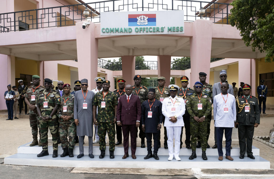 Defense chiefs from the Economic Community of West African States countries, excluding Mali, Burkina Faso, Chad, Guinea and Niger, during the first day of their extraordinary meeting in Accra, Ghana on Aug. 17, 2023. (AP)