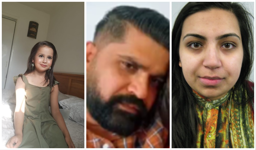 Sara Sharif, pictured left, was found dead at her father Malik Urfan Sharif’s (C) house and now police are searching for him, and stepmother, right. (Surrey Police)