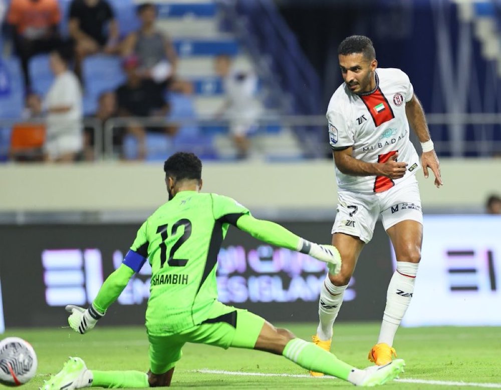 Ali Mabkhout scored twice in Al-Jazira’s 3-1 in over Al-Nasr. (Twitter: @AlJaziraFC_EN)