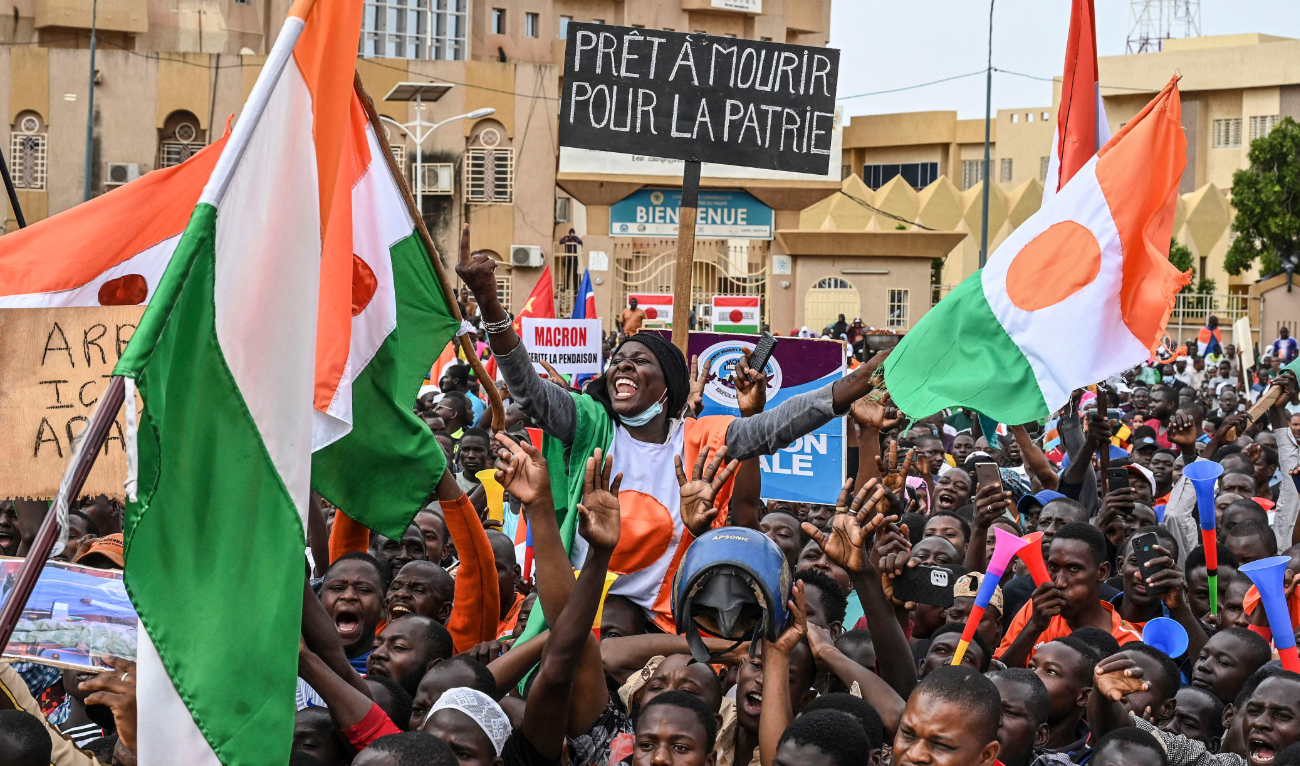 Demonstrators chanted slogans hostile to France and West African regional bloc ECOWAS, which is considering a potential military operation to reinstate the elected president. (AFP)