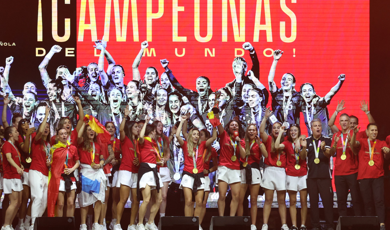 Spain women's national football team's players celebrate on stage their 2023 World Cup victory in Madrid on Monday. Spain won the 2023 Women's World Cup final after defeating England at Stadium Australia in Sydney on Aug. 20, 2023. (AFP)