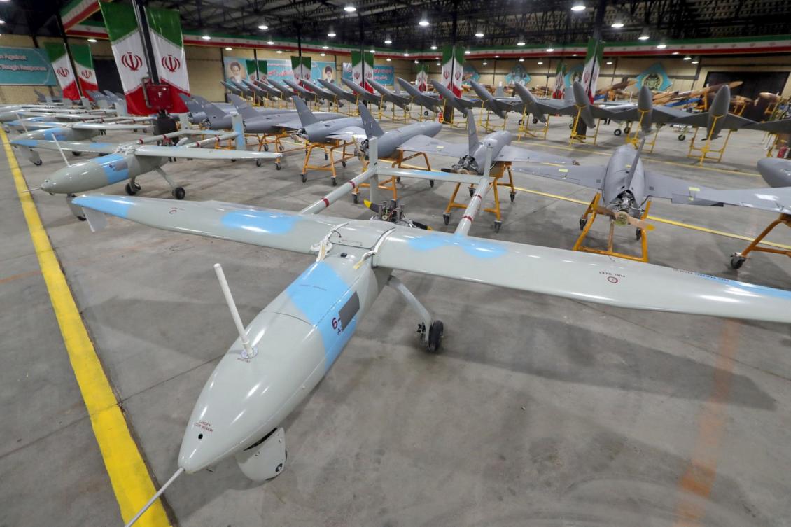 This handout picture released by Iran's Army office on April 19, 2023 shows military unmanned aerial vehicles (UAV or drone) on display during a ceremony at an undisclosed location in Iran. (AFP)