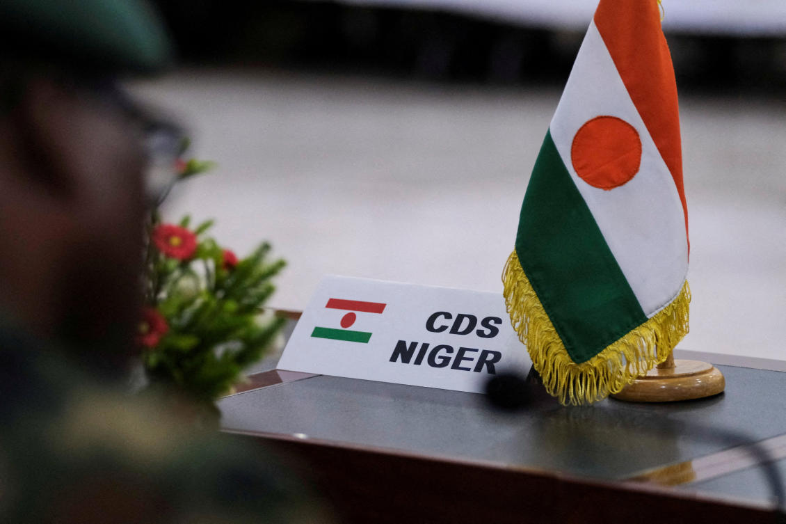 Name tag for Niger's Chief of Defense staff is seen at the ECOWAS meeting on the deployment of its standby force in Niger, in Accra, Ghana. (File/Reuters)