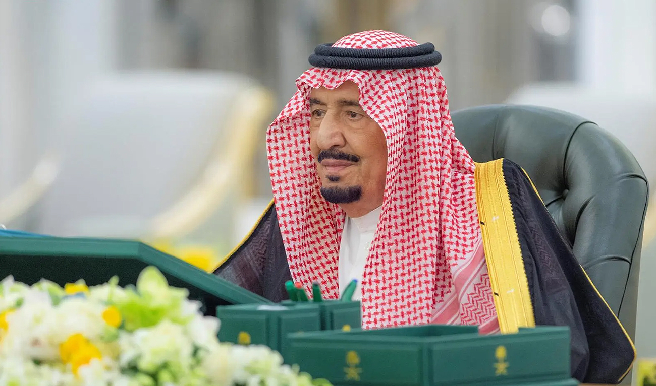 Saudi Arabia’s King Salman bin Abdulaziz Al Saud chairs the Cabinet session at Al-Salam Palace in Jeddah on August 22, 2023. (Saudi Press Agency)