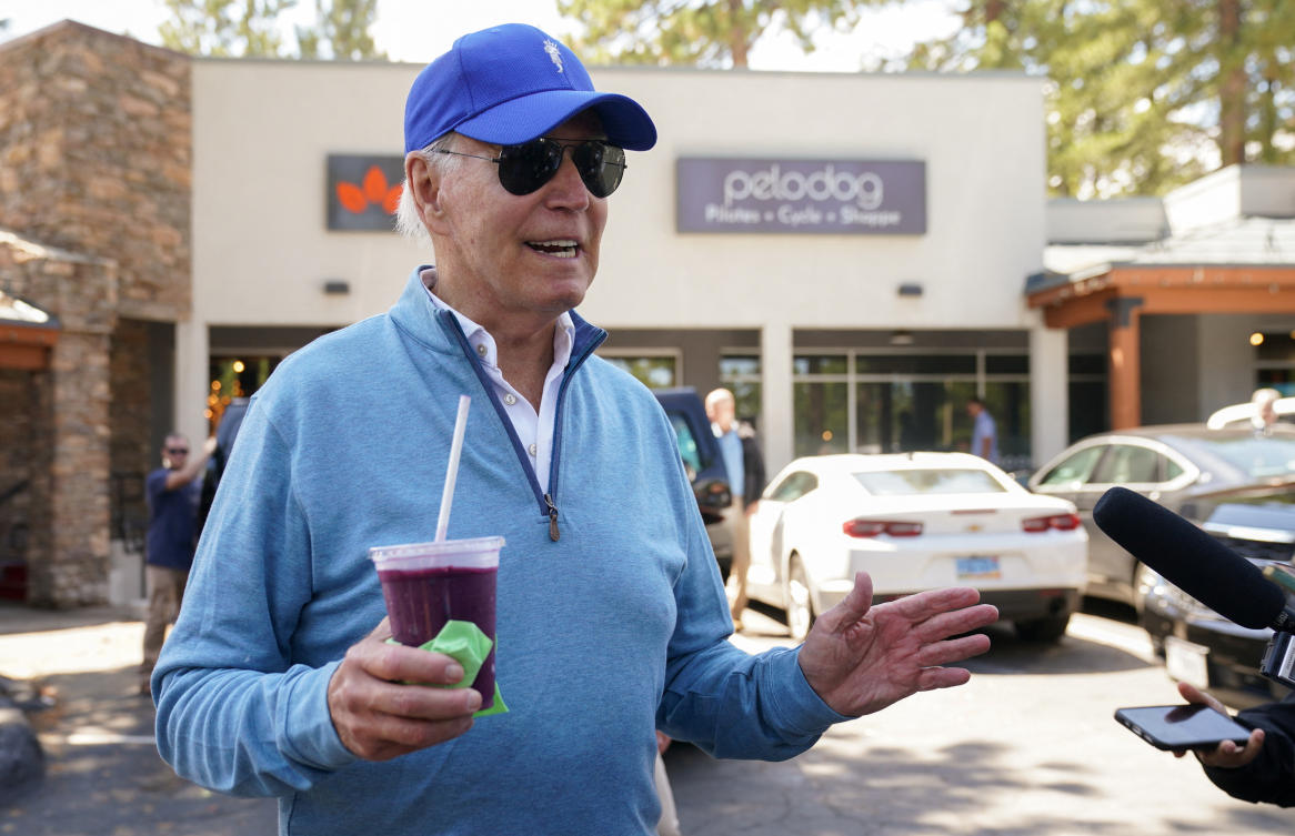 US President Joe Biden speaks to reporters after taking a Pilates and spin class in South Lake Tahoe, California, US, August 23, 2023. (Reuters)