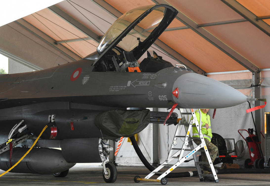 The United States has approved sending F-16 fighter jets to Ukraine from Denmark and the Netherlands to help Kyiv in its counter-offensive against Russian forces. Above, a Danish Air Force F-16 jet in Ronne on the island of Bornholm, Denmark. (Reuters)