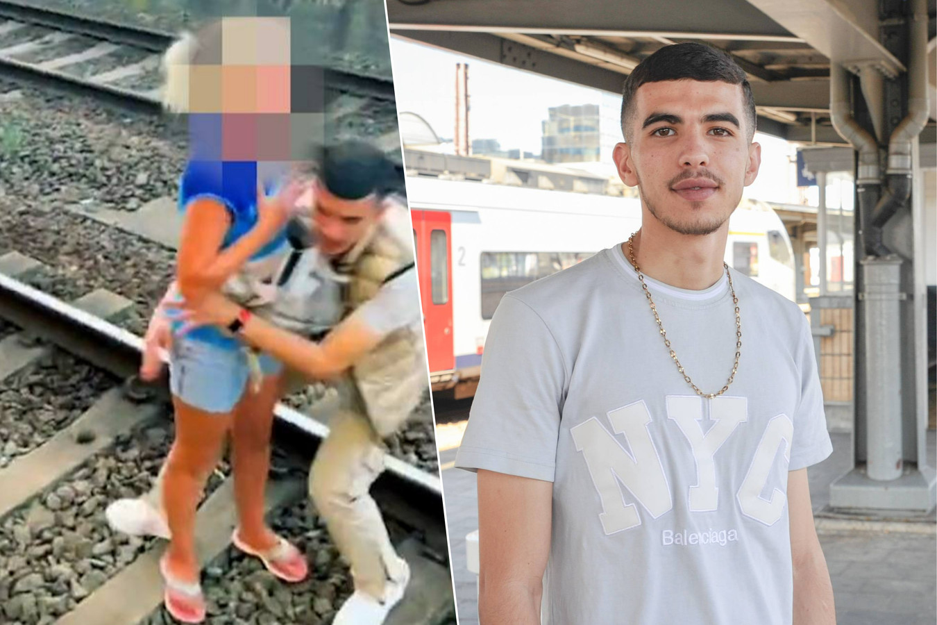 Footage of Abdel Boukharouba, 25, helping the woman who was sitting on a railway line at Brussels-Midi station, has gone viral. (Supplied)