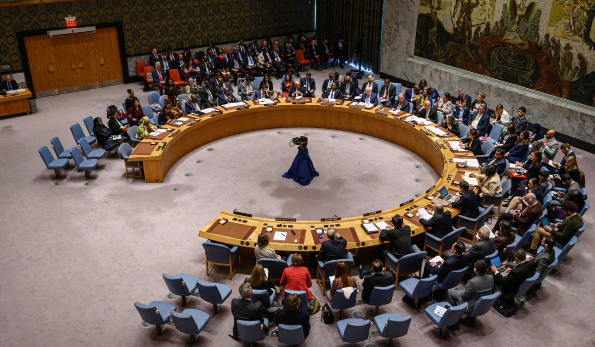 A general view shows a United Nations security council meeting on the protection of civilians in armed conflict, at the UN headquarters in New York on May 23, 2023. (AFP)