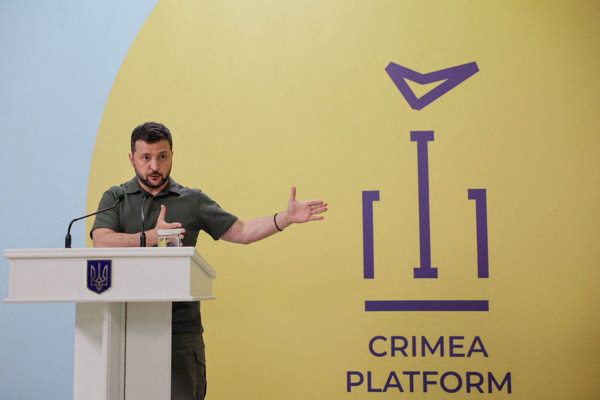 Ukrainian President Volodymyr Zelensky speaks at the press conference after the opening session of Crimea Platform conference in Kyiv, Ukraine, on August 23, 2023. The Crimea Platform is an international consultation and coordination format initiated by Ukraine. (Pool via Reuters)