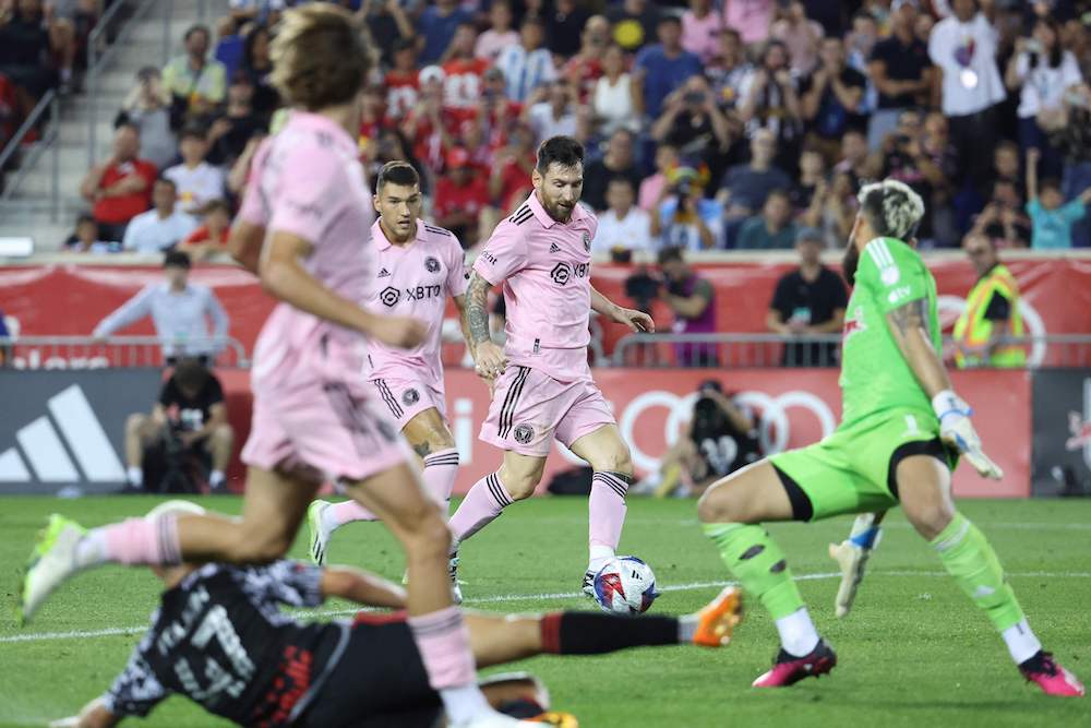 Lionel Messi of Inter Miami scores a goal in the second half during their match between against New York Red Bulls on Saturday night in Harrison, New Jersey. (Getty Images North America/AFP)