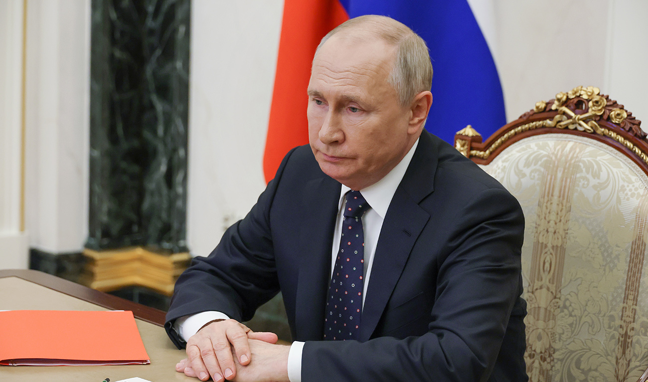 In this pool photograph distributed by Russian state owned agency President Vladimir Putin chairs a meeting with Security Council permanent members via video link in Moscow, on August 25, 2023. (AFP/File)