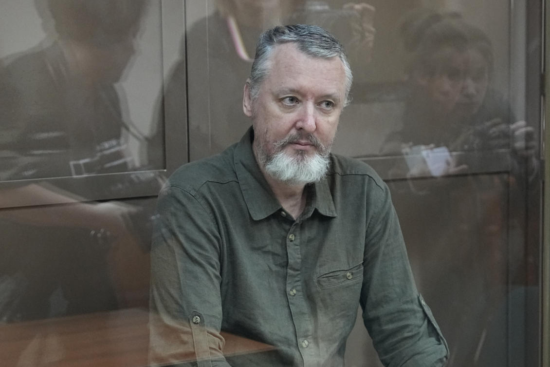 Igor Girkin also known as Igor Strelkov, the former military chief for Russia-backed separatists in eastern Ukraine, sits in a glass cage in a courtroom at the Moscow’s City Court in Moscow, on Aug. 29, 2023. (AP)