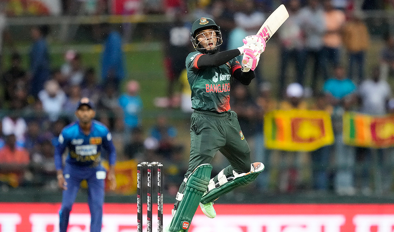 Bangladeshes' Mushfiqur Rahim plays a shot during the one day international cricket match between Sri Lanka and Bangladesh of Asia Cup in Pallekele on August 31, 2023. (AP)