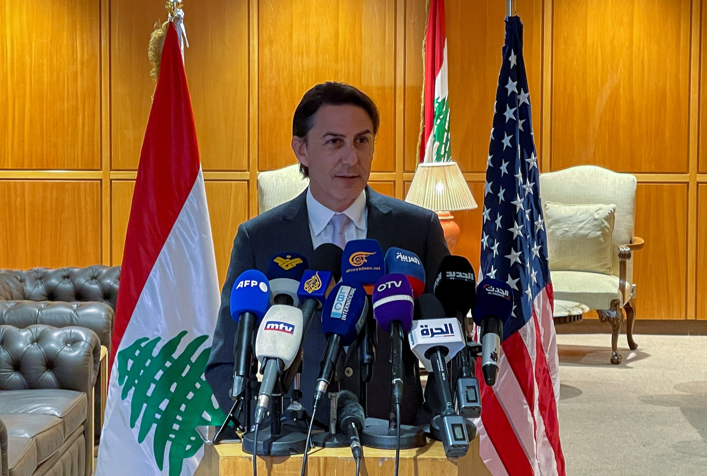 Senior White House Advisor for Energy Security Amos Hochstein speaks at the end of his visit to Lebanon in Beirut, Lebanon, August 31, 2023. (Reuters)