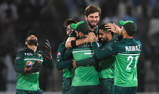 Pakistan's Shaheen Shah Afridi celebrates with teammates the dismissal during the second ODI cricket match between Pakistan and West Indies at the Multan International Cricket Stadium in Multan on June 10, 2022. (AFP/File)