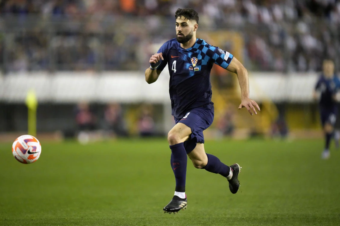 Croatia’s Josko Gvardiol controls the ball during their Euro 2024 group D qualifying match against Wales at the Poljud stadium in Split on Mar. 25, 2023. (AP/File)
