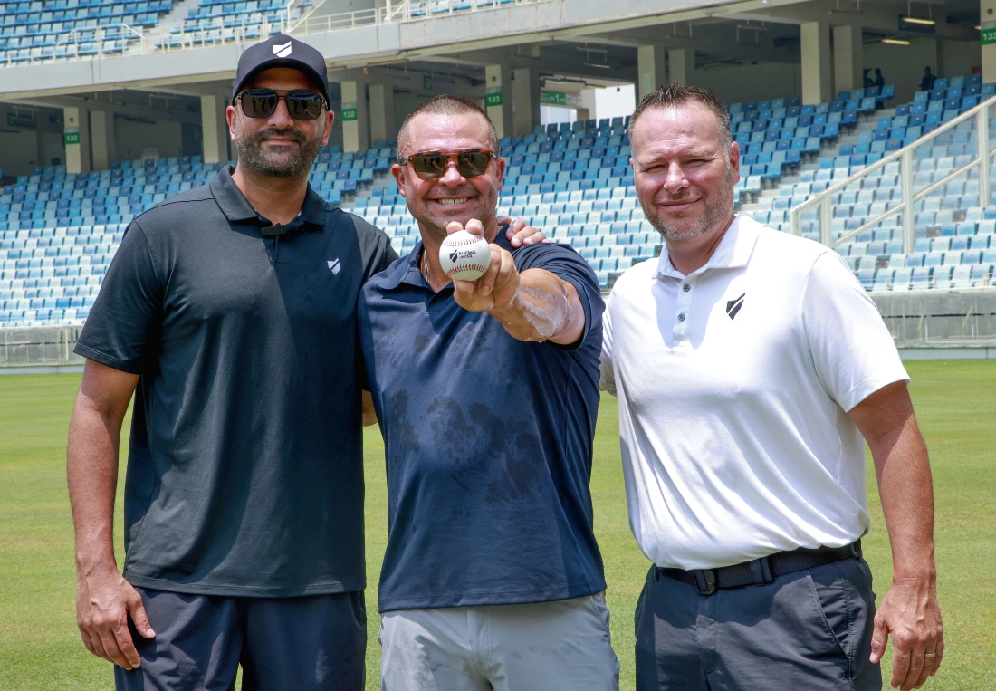 Former MLB All-Star Nick Swisher (center) with Baseball United CEO Kash Shaikh (right). (Supplied)