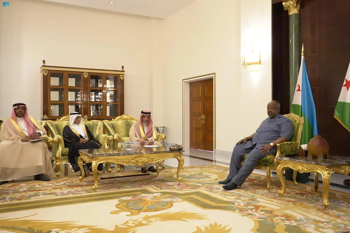 Djibouti’s President Ismail Omar Guelleh during his meeting with Saudi officials where he announced his country's support to Saudi Arabia's Expo 2030 bid. (SPA)