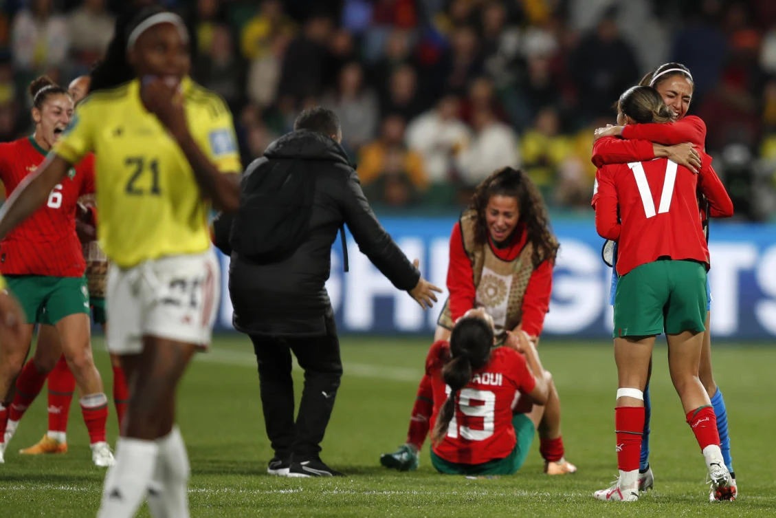 Players of Morocco celebrate after the Women's World Cup Group H soccer match between Morocco and Colombia in Perth, Australia. (AP)