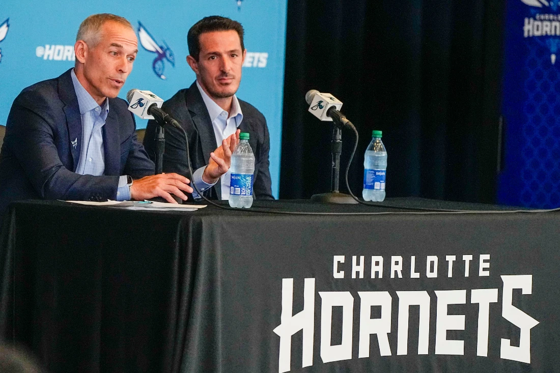 Rick Schnall, left, and Gabe Plotkin during a news conference about the sale of the majority stake in the Charlotte Hornets NBA basketball team that has been finalized in Charlotte, N.C. (AP)