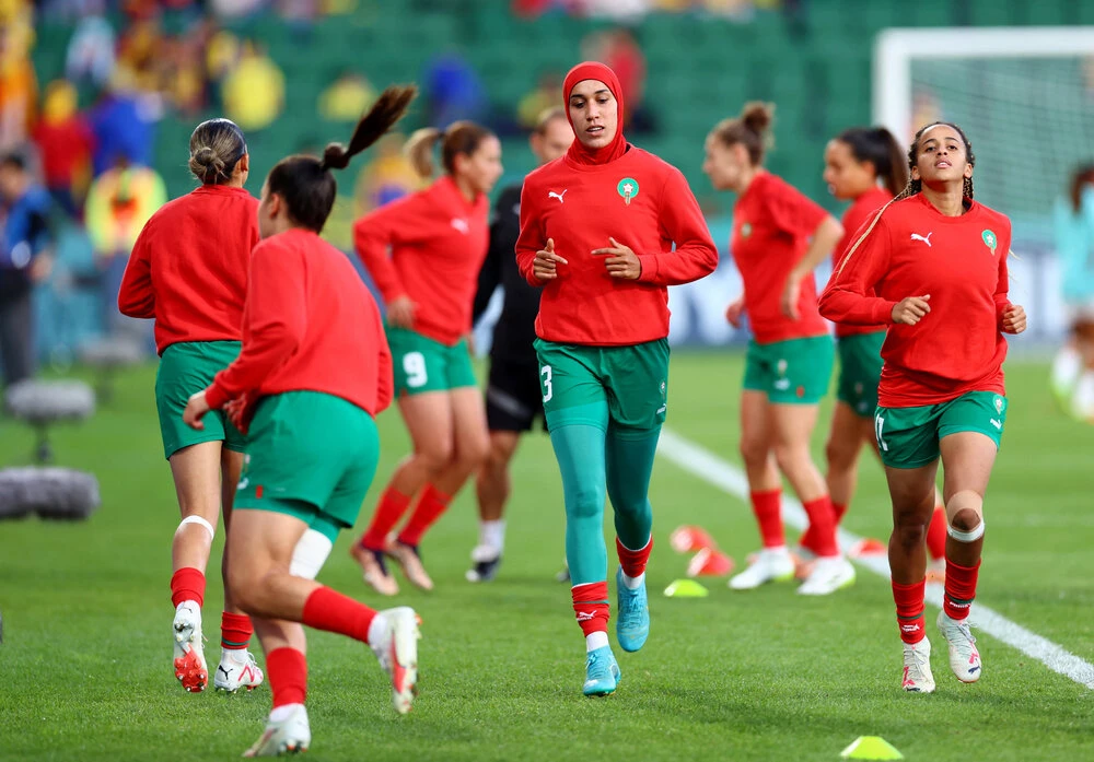 Morocco’s Nouhaila Benzina during the warmup before their FIFA Women’s World Cup 2023 Group H match against Morocco at the Perth Rectangular Stadium, Perth, Australia on Aug. 3, 2023. (Reuters)