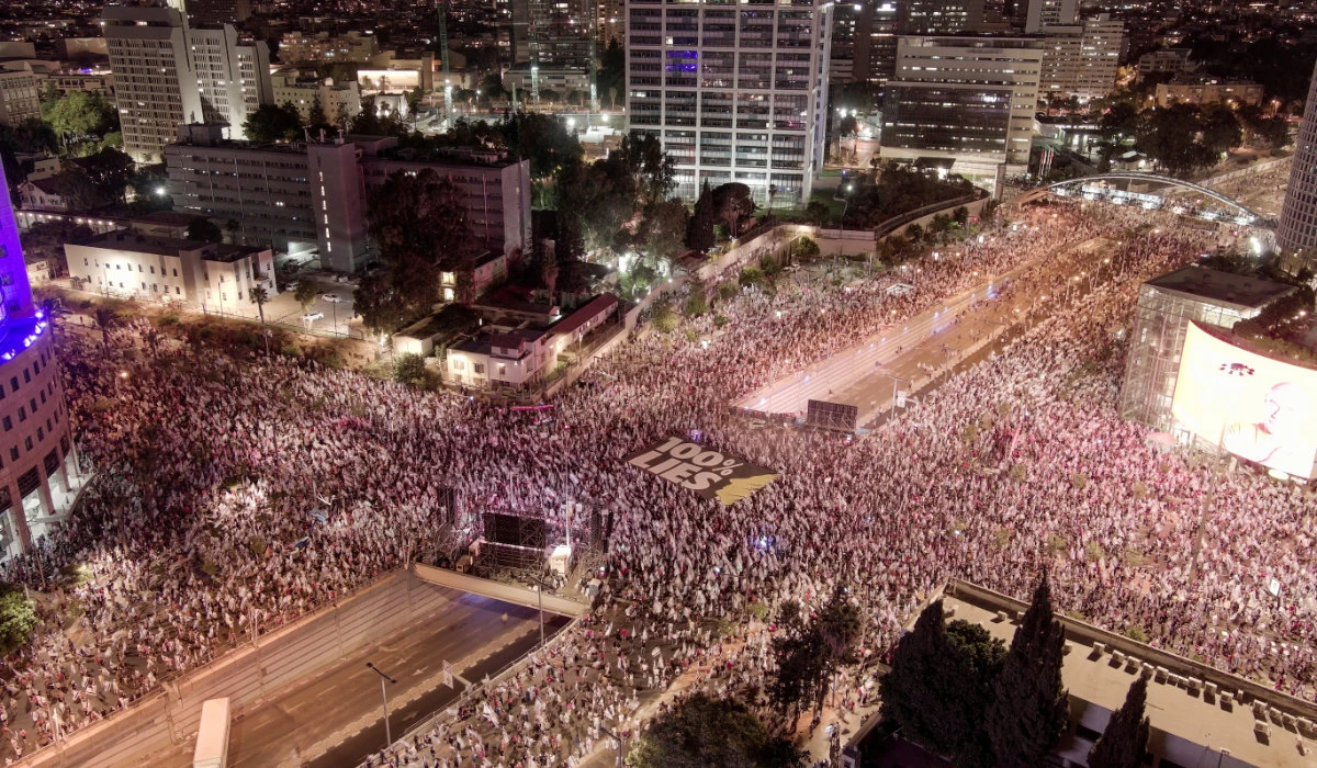 An aerial view shows protesters attending a demonstration against Israeli Prime Minister Benjamin Netanyahu and his nationalist coalition government's judicial overhaul, in Tel Aviv, Israel, August 5, 2023. (REUTERS)