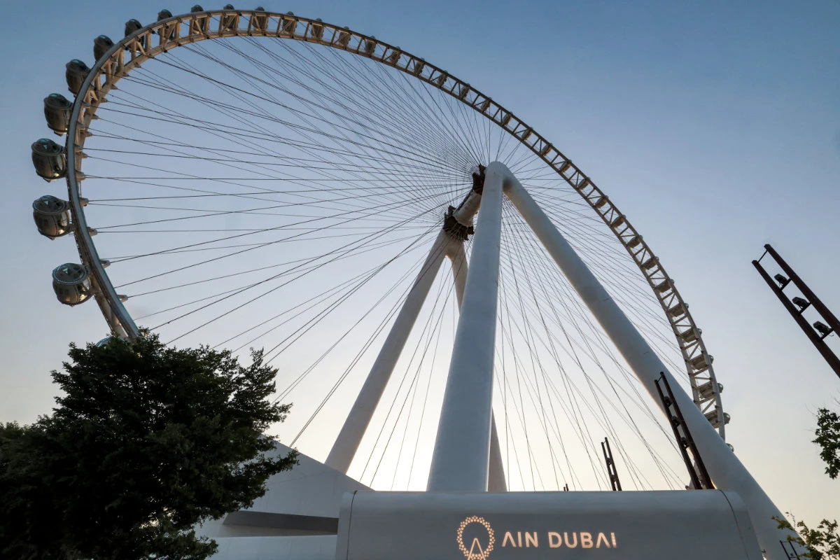 This picture taken on July 27, 2023 shows a view of the Ain Dubai (Dubai Eye) observation wheel in Dubai. Two years ago, Dubai's skyscraper-studded skyline welcomed a fresh addition: a massive ferris wheel, touted as the world's largest, but which mysteriously stopped turning only months after it was inaugurated. (AFP)