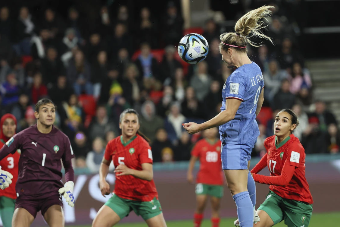 France’s Eugenie Le Sommer scores her team’s fourth goal during the Women’s World Cup round of 16 match between France and Morocco in Adelaide, Australia, Tuesday, Aug. 8, 2023. (AP Photo)