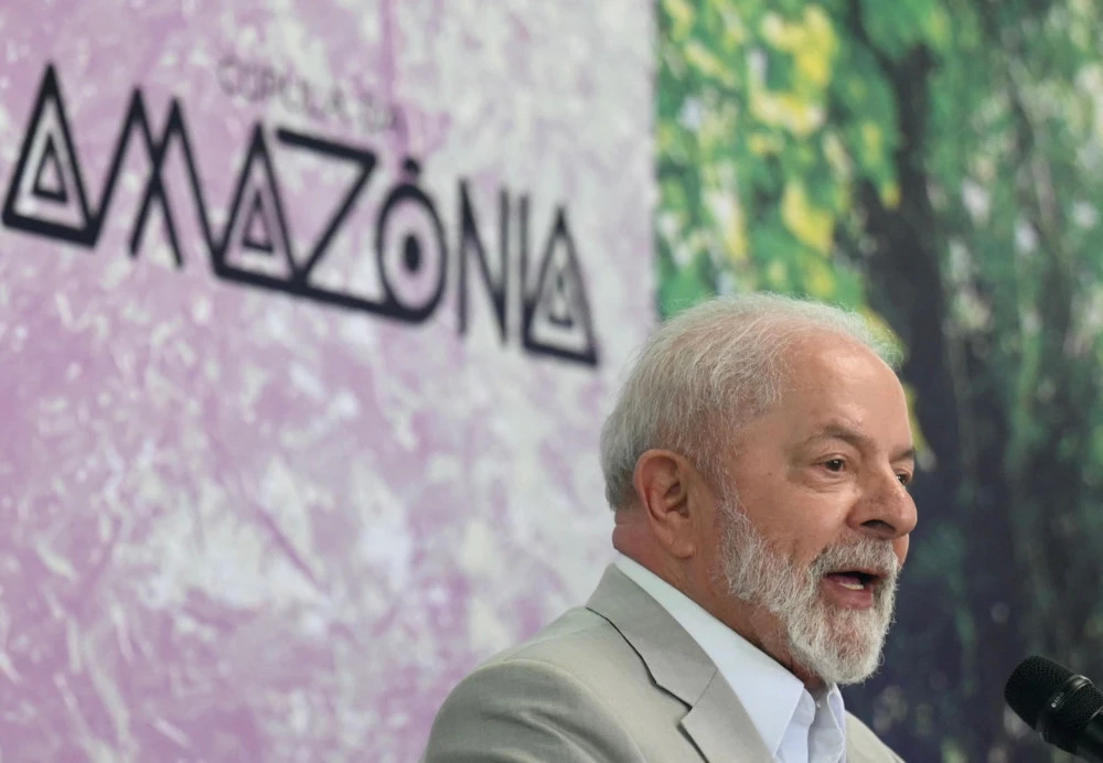Brazil's President Luiz Inacio Lula da Silva gives a statement to the press during the Amazon Summit at the Hangar Convention Centre in Belem, Para State, Brazil, on August 9, 2023. (AFP)