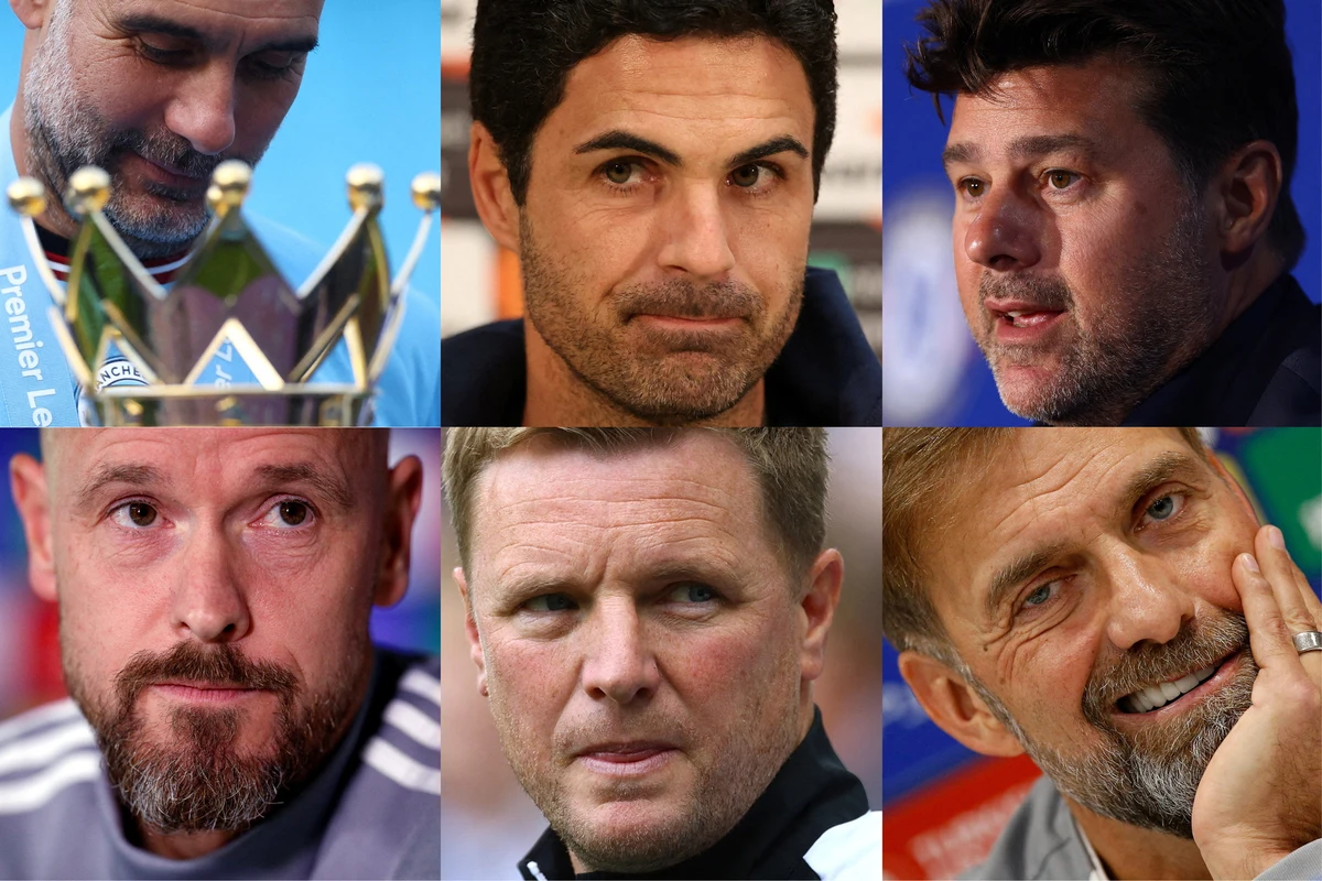 A combination picture shows Premier League managers Pep Guardiola (Manchester City), Mikel Arteta (Arsenal), Mauricio Pochettino (Chelsea), Erik ten Hag (Man United), Eddie Howe ( Newcastle United) and Juergen Klopp (Liverpool) ahead of the 2023-24 season, which starts Friday. (Reuters)