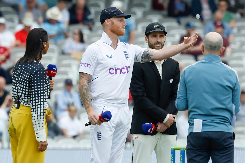 England’s captain Ben Stokes, second left, performs his first coin toss as captain ahead of play on the first day of the first cricket Test match between England and New Zealand on June 2, 2022. (AFP)