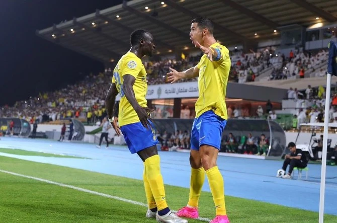 Ronaldo celebrates scoring Al-Nassr's winner against Al-Shorta in the semi-final of the King Salman Cup. (Twitter/@AlNassrFC_EN)