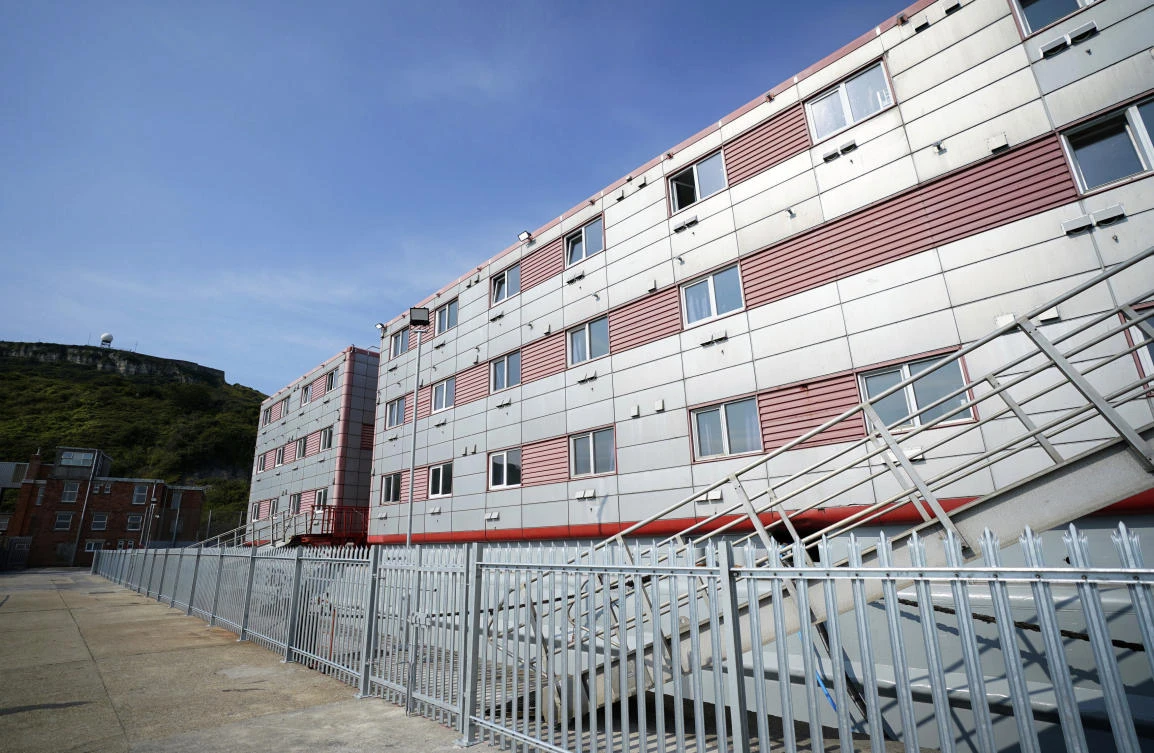A view of the Bibby Stockholm accommodation barge, which will house up to 500 asylum seekers, at Portland Port in Dorset, England. (File/AP)