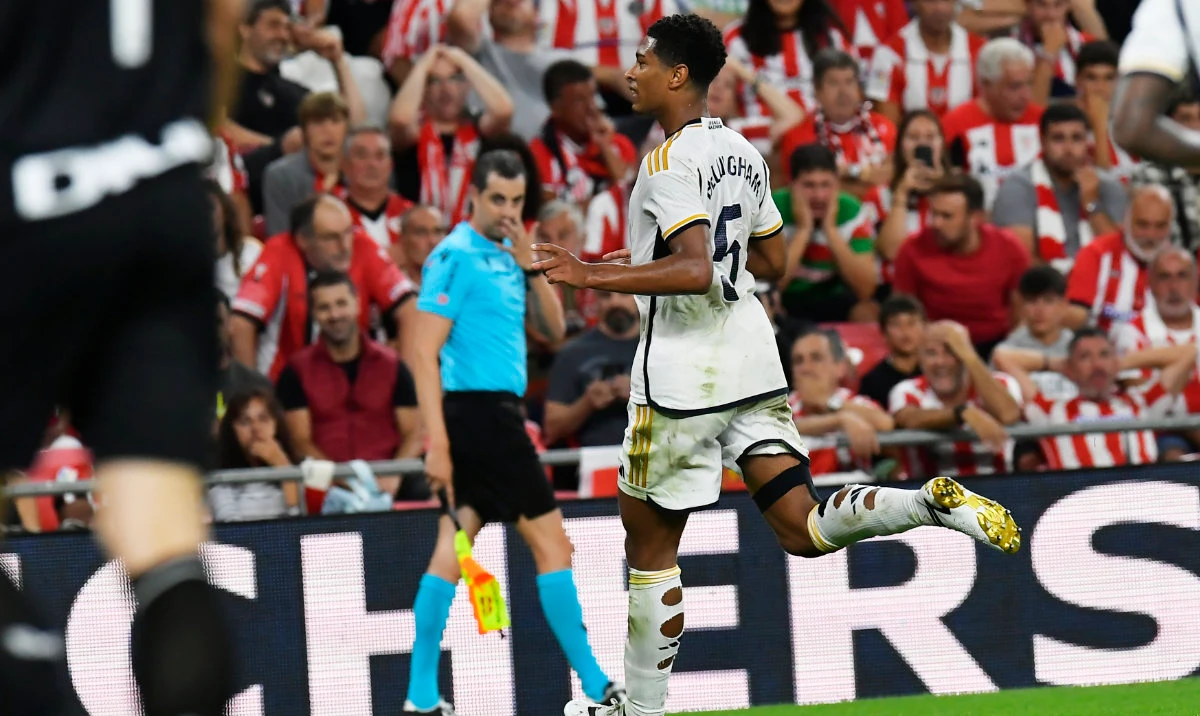 Real Madrid's Jude Bellingham celebrates after scoring his side's second goal during the Spanish La Liga match between Athletic Club and Real Madrid at the San Mames stadium in Bilbao Saturday. (AP)