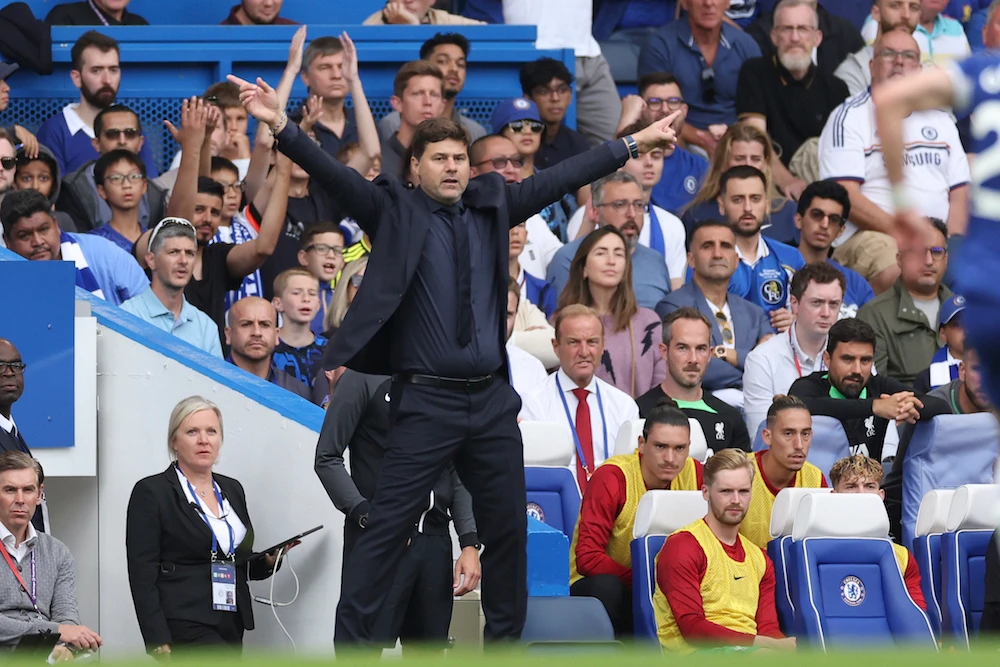 Chelsea manager Mauricio Pochettino reacts during the English Premier League soccer match between Chelsea and Liverpool at Stamford Bridge Stadium in London, Sunday, Aug. 13, 2023. (AP)