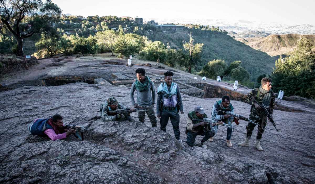 Amhara Fano militia fighters pose at Saint George Church in Lalibela. (AFP file photo)